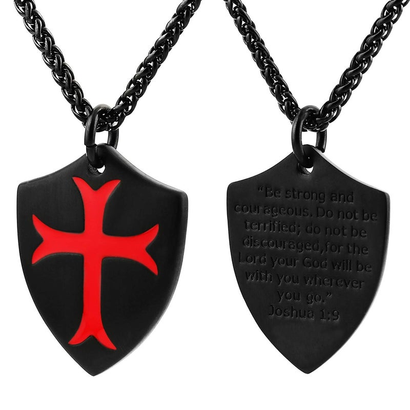 HZMAN Knights Templar Cross Joshua 1:9 Shield Stainless Steel Pendant Necklace with FREE 24 Inch Chain (Black Red) - Image 2