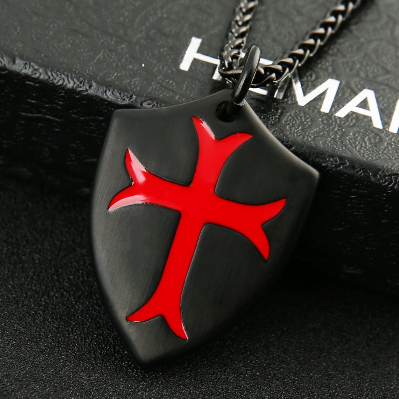 HZMAN Knights Templar Cross Joshua 1:9 Shield Stainless Steel Pendant Necklace with FREE 24 Inch Chain (Black Red) - Image 3