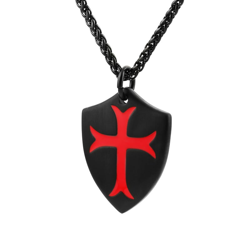 HZMAN Knights Templar Cross Joshua 1:9 Shield Stainless Steel Pendant Necklace with FREE 24 Inch Chain (Black Red) - Image 1