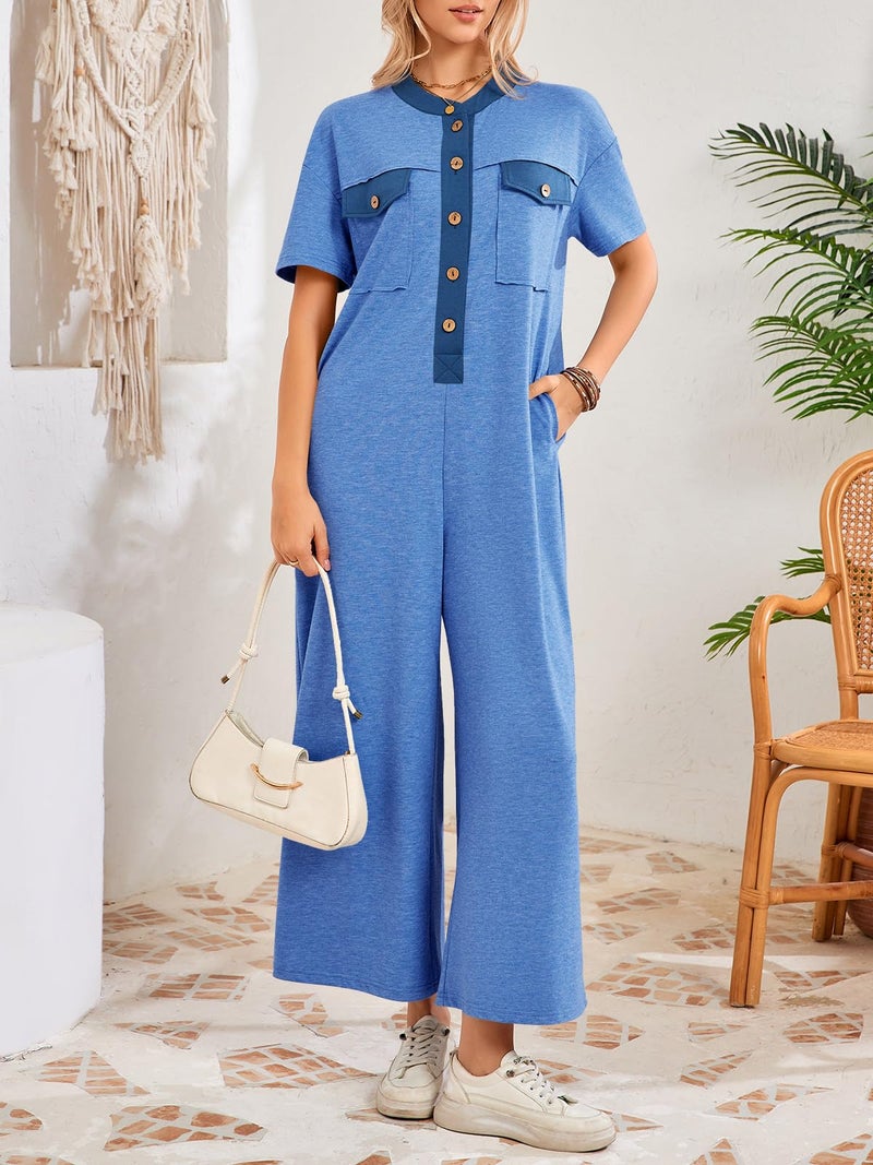 Fisoew Womens Casual Loose Jumpsuits Short Sleeve V-Neck Button Down One Piece Outfits Wide Leg Summer Long Pant Rompers with Pockets - Image 2