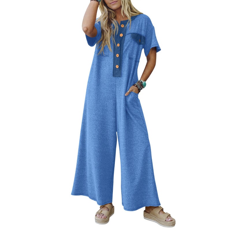 Fisoew Womens Casual Loose Jumpsuits Short Sleeve V-Neck Button Down One Piece Outfits Wide Leg Summer Long Pant Rompers with Pockets - Image 1