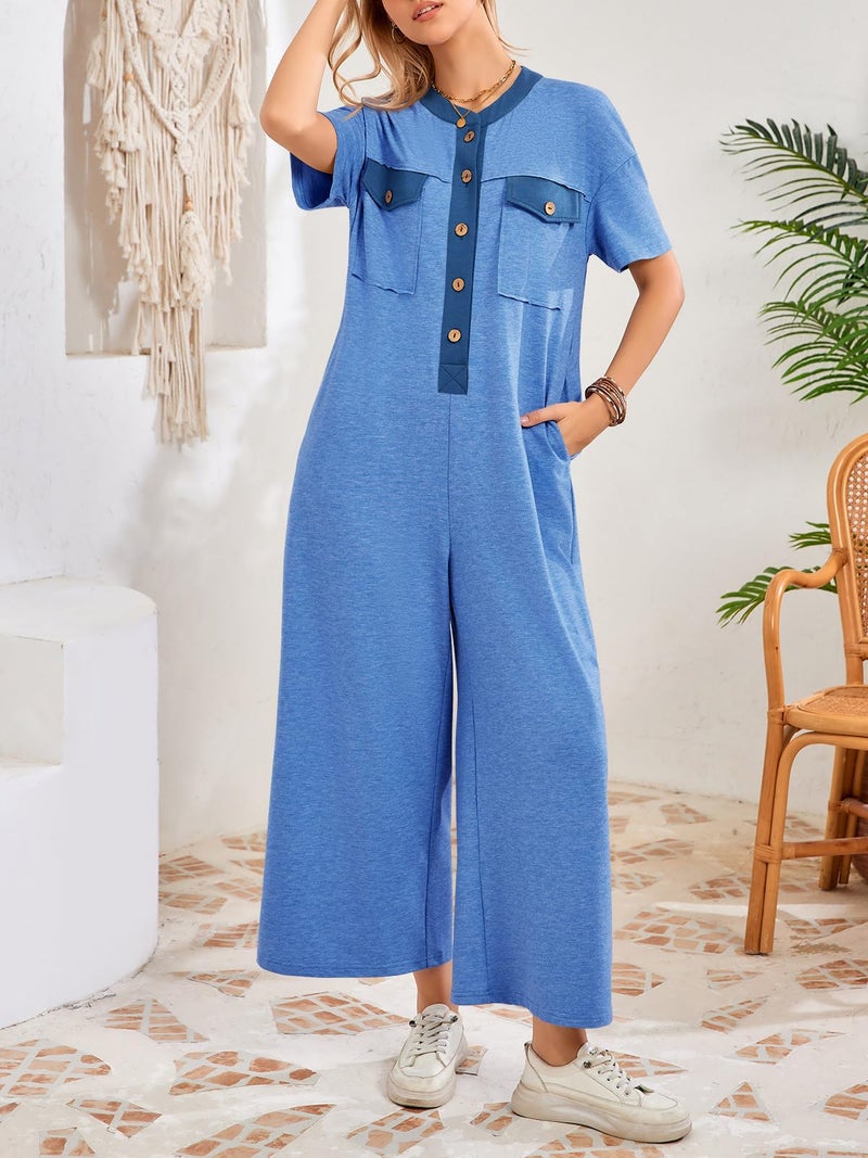 Fisoew Womens Casual Loose Jumpsuits Short Sleeve V-Neck Button Down One Piece Outfits Wide Leg Summer Long Pant Rompers with Pockets - Image 5