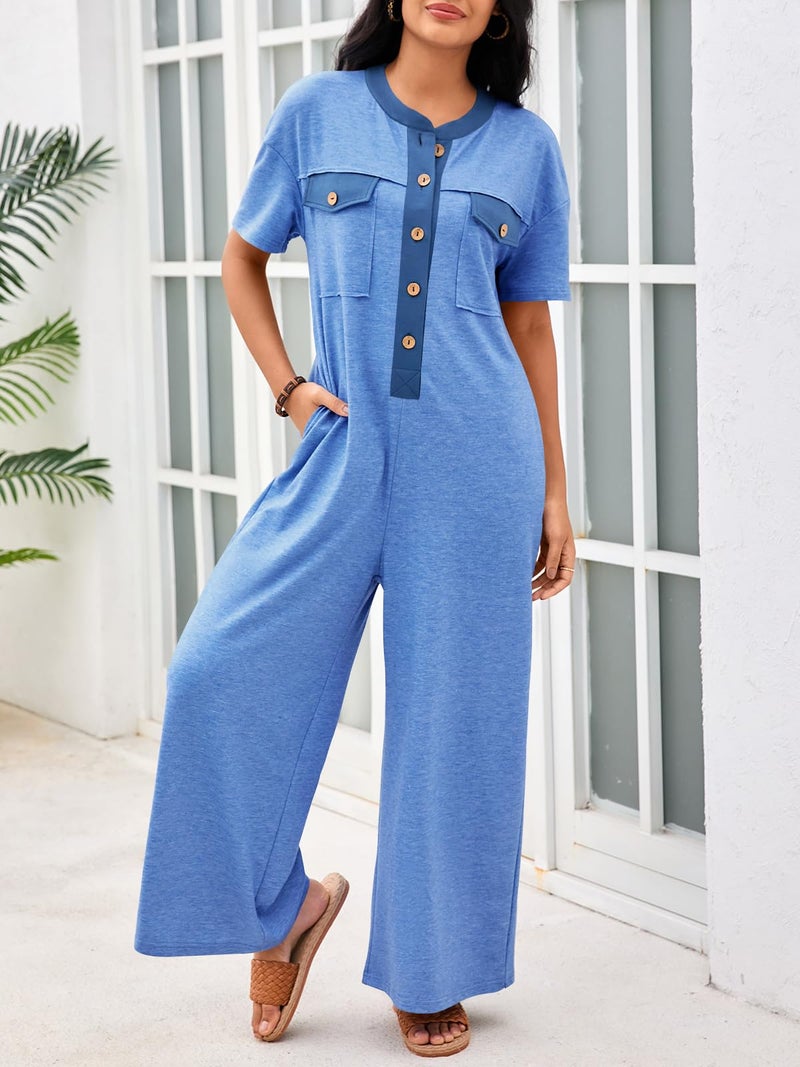 Fisoew Womens Casual Loose Jumpsuits Short Sleeve V-Neck Button Down One Piece Outfits Wide Leg Summer Long Pant Rompers with Pockets - Image 4