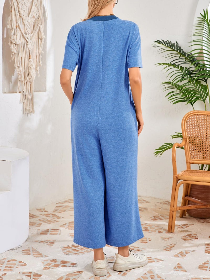 Fisoew Womens Casual Loose Jumpsuits Short Sleeve V-Neck Button Down One Piece Outfits Wide Leg Summer Long Pant Rompers with Pockets - Image 3
