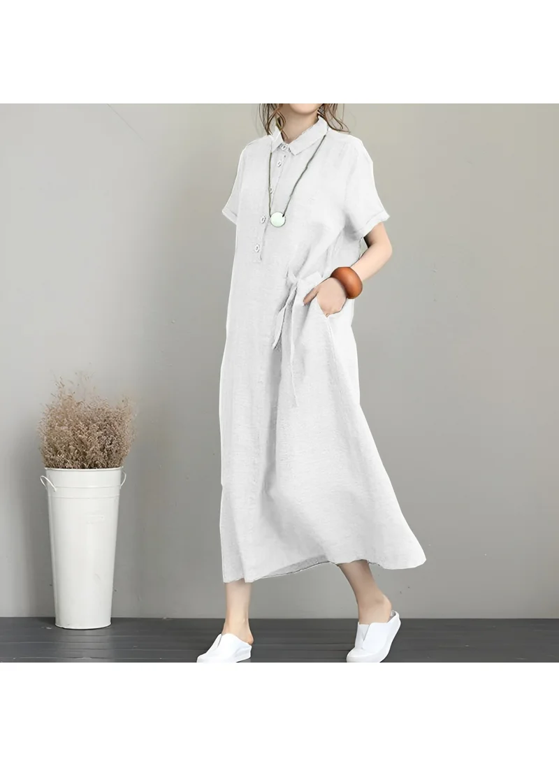 Barbora Linen Casual Short Sleeve Full Length Summer Casual Women's Dress LN245EKRU