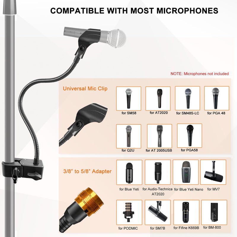 Khazylorr Microphone Stand, Versatile Mic Arm for Desk Pole Tripod, Gooseneck Mic Stand Desk Mount with Super Clamp Mic holder and 3/8" to 5/8" Adapter, Fits for Blue Snowball and Other Microphones (21 Inch) - Image 5