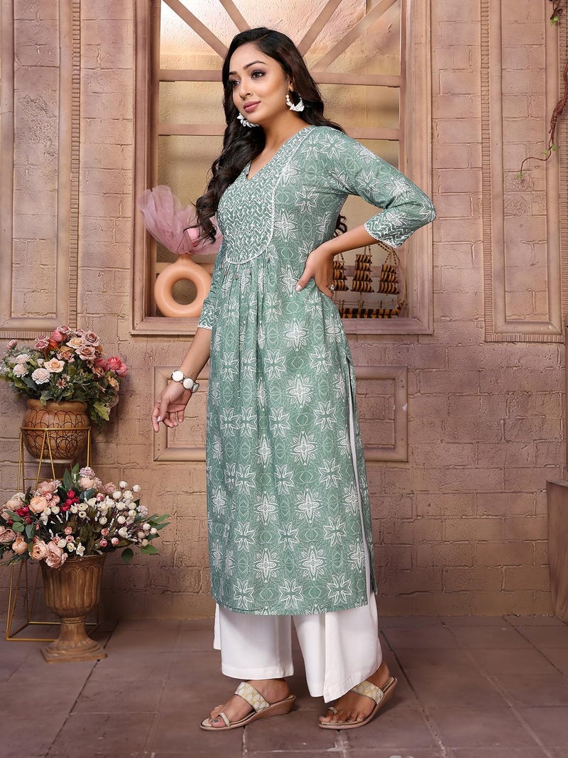 rangita Green Cotton Calf Length Embroidered A-Line Kurti | Kurta for Women_S - Image 3