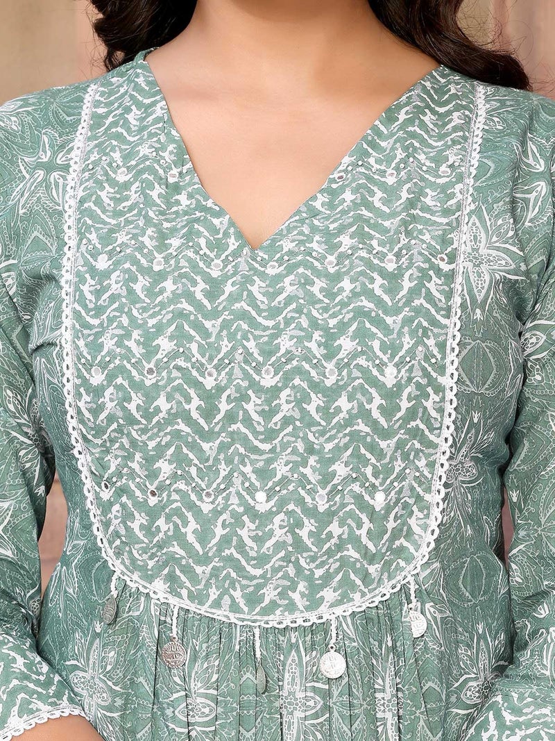 rangita Green Cotton Calf Length Embroidered A-Line Kurti | Kurta for Women_S - Image 2