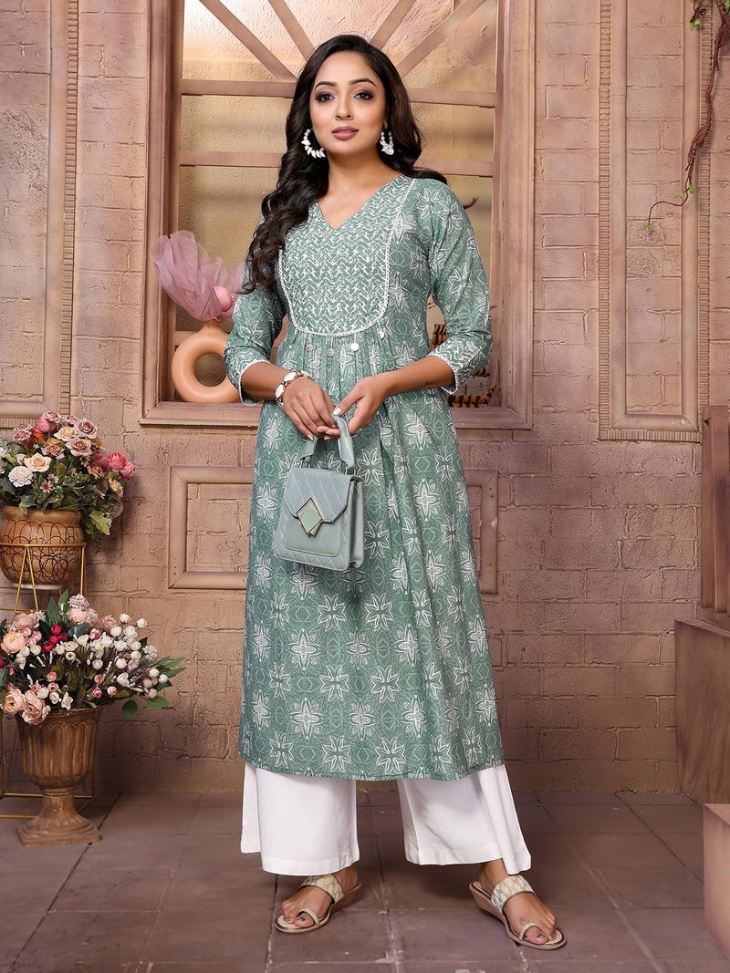 rangita Green Cotton Calf Length Embroidered A-Line Kurti | Kurta for Women_S - Image 5