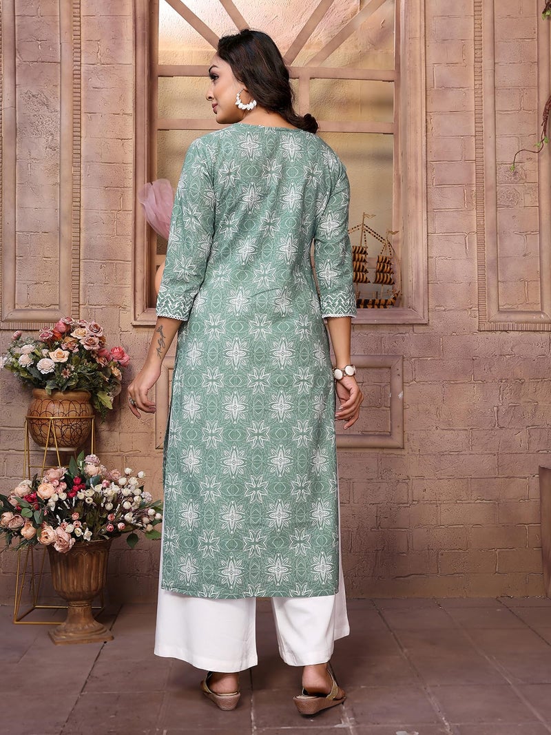 rangita Green Cotton Calf Length Embroidered A-Line Kurti | Kurta for Women_S - Image 4