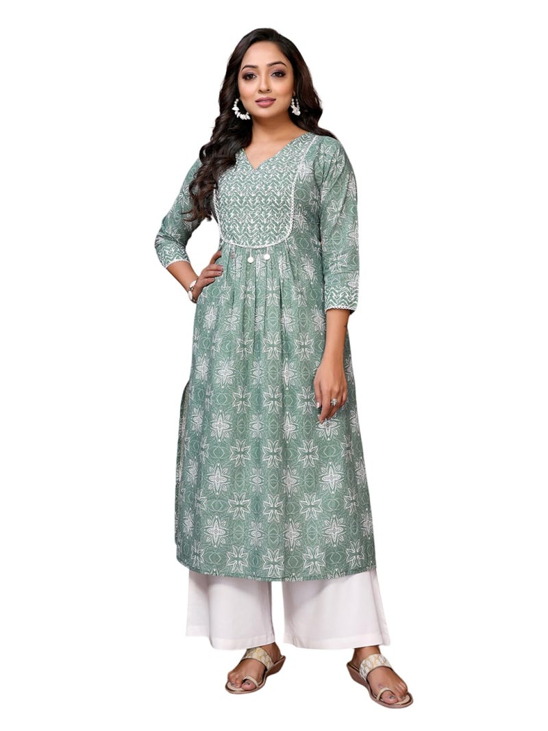 rangita Green Cotton Calf Length Embroidered A-Line Kurti | Kurta for Women_S - Image 1