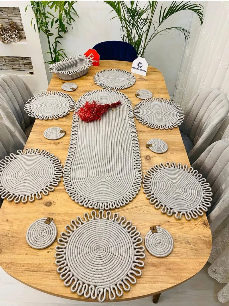 BDZ Deri BDZ Leather Wicker Jute Presentation Plate Mat American Service Runner Basket and Cup Holder 14 Pieces