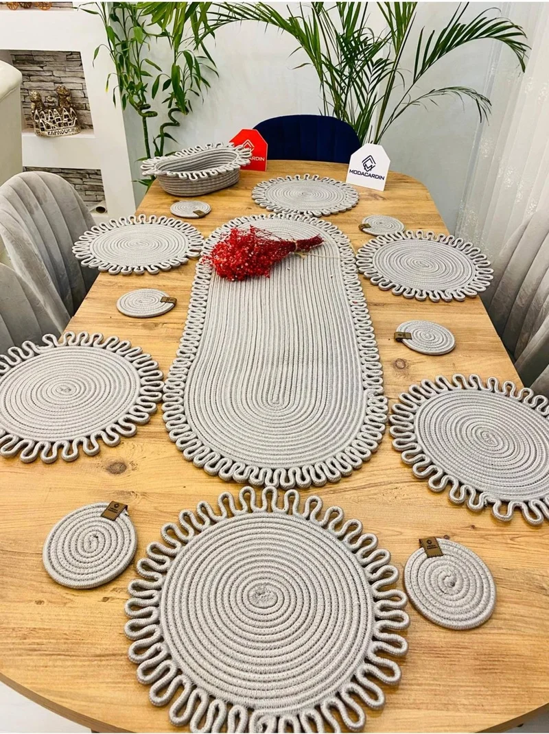 BDZ Deri BDZ Leather Wicker Jute Presentation Plate Mat American Service Runner Basket and Cup Holder 14 Pieces