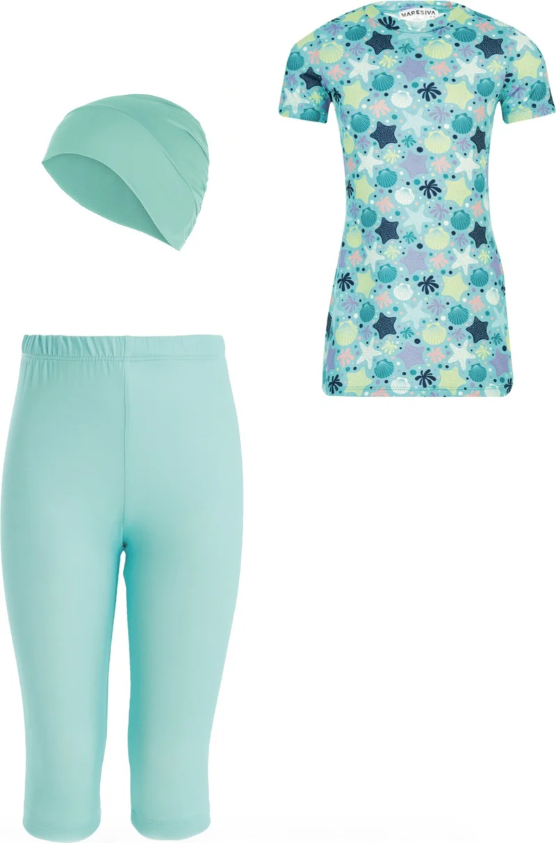 ريمسا Girls Short Sleeve Tights Semi Covered Swimsuit Emerson 8344 Mint