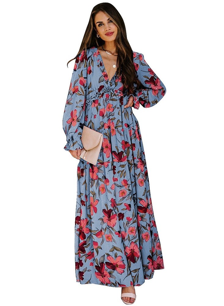 Loquat Thin Gauze Floral Long Sleeved Dress 