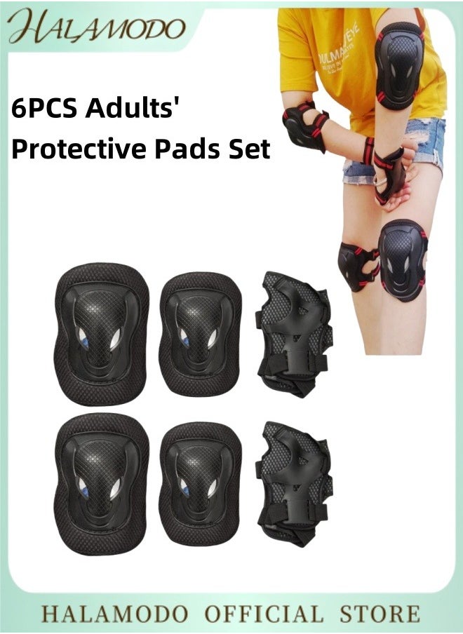 HALAMODO 6PCS Adults' Knee Pads Set Protective Gear Set Includes 1 Pair Knee Pads & 1 Pair Elbow Pads & 1 Pair Wrist Guards Designed for Roller Skating & Cycling & Riding & Rollerblading  - Image 1