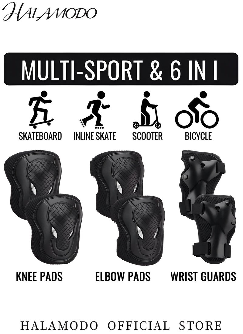 HALAMODO 6PCS Adults' Knee Pads Set Protective Gear Set Includes 1 Pair Knee Pads & 1 Pair Elbow Pads & 1 Pair Wrist Guards Designed for Roller Skating & Cycling & Riding & Rollerblading  - Image 3