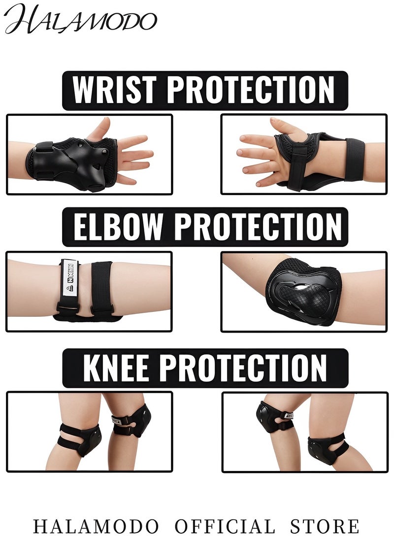 HALAMODO 6PCS Adults' Knee Pads Set Protective Gear Set Includes 1 Pair Knee Pads & 1 Pair Elbow Pads & 1 Pair Wrist Guards Designed for Roller Skating & Cycling & Riding & Rollerblading  - Image 4
