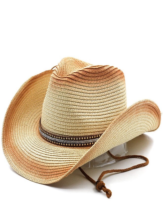 Clobeau Men & Women's Straw Cowboy Hat Cowgirl Hat Adjustable Cowboy Hat Western Hats with Wide Brim for Summer (Rust Red) - Image 1