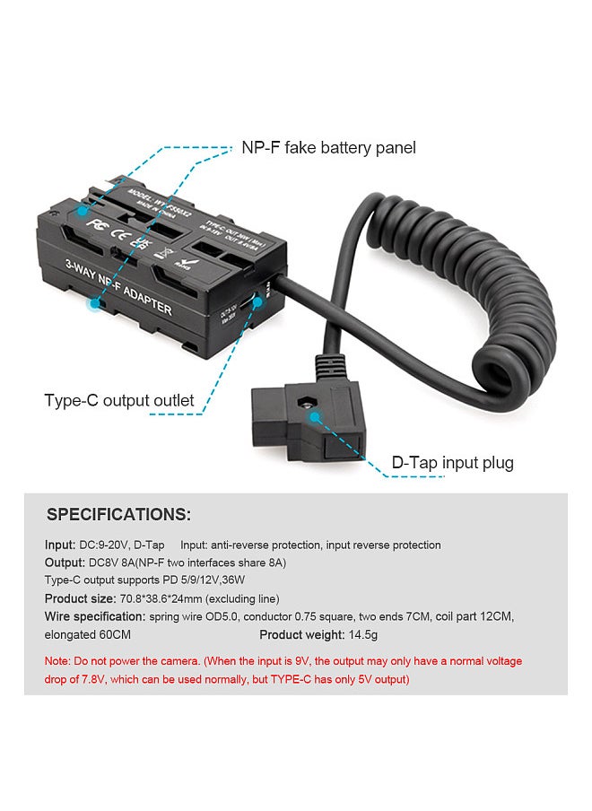Generic D-Tap to Dual-sided NP-F550 Dummy Battery + Type-C to NP-FW50 Dummy Battery Coiled Cable DC Coupler Accessory  - Image 3