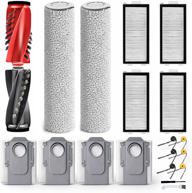Alloytool 20 Pieces Replacement Parts for Roborock Qrevo Curv 2 Flow Robot Vacuum Cleaner, 1 Pair Main Brush, 2 Roller Wipes, 4 Dust Bags, 4 HEPA Filters, 6 Side Brushes, 1 Screwdriver, 1 Cleaning Tool - Image 1