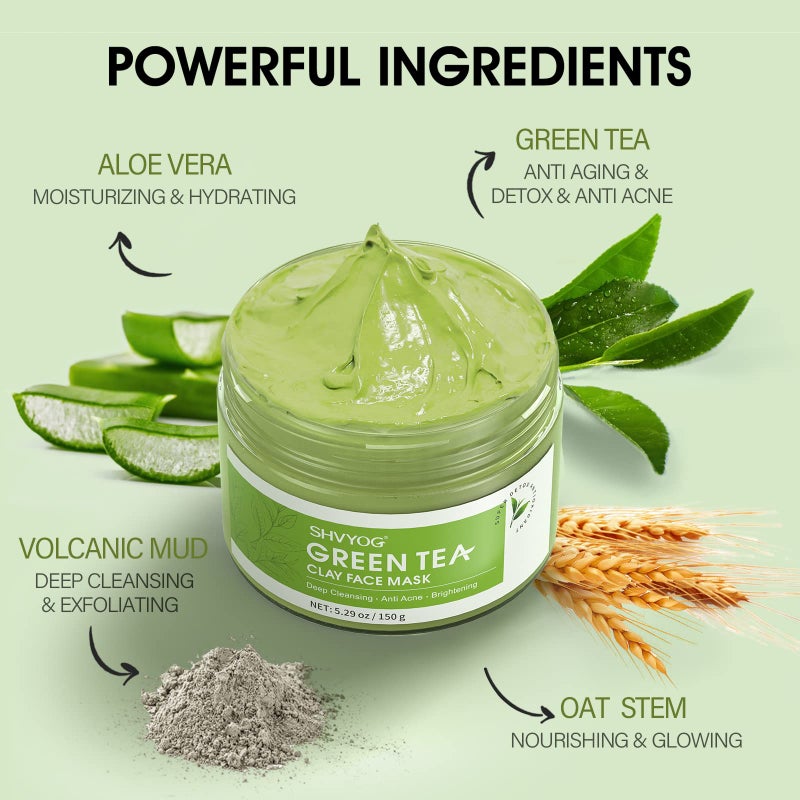 SHVYOG Green Tea Face Mask, Antioxidant Green Tea Clay Mask with Volcanic Mud, Deep Cleansing & Moisturizing & Hydrating Clay Facial Mask for Pores, Blackheads, Wrinkles, Dirts - Image 2