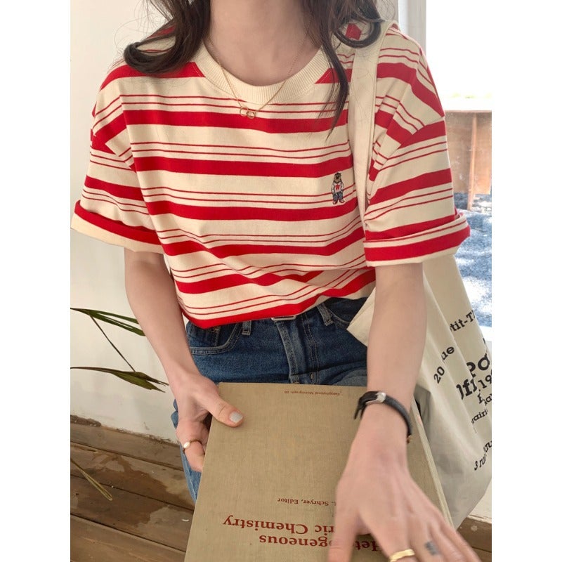 Z0113 # Ice Silk Bear Embroidered Stripesd T-Shirt Women'S Summer Korean Style Chic Loose Half-Sleeved Ins Trendy Short-Sleeved Top - Image 3