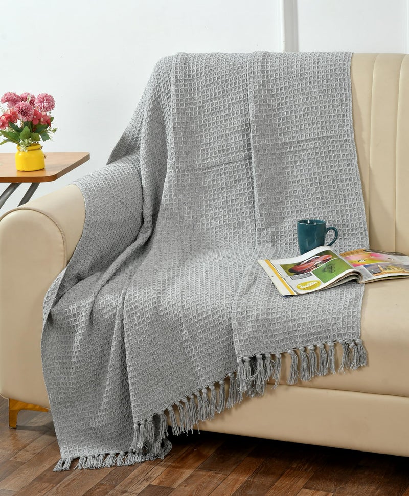 TIB Cotton Throw Blanket,125x150 cm, Throws for Sofa and Couch 3 Seater 120 TC with Fringes, (Grey)| TC - 120 - Image 1