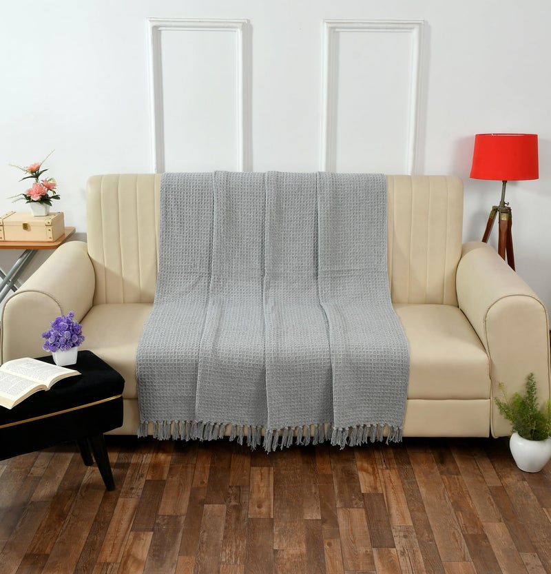 TIB Cotton Throw Blanket,125x150 cm, Throws for Sofa and Couch 3 Seater 120 TC with Fringes, (Grey)| TC - 120 - Image 2