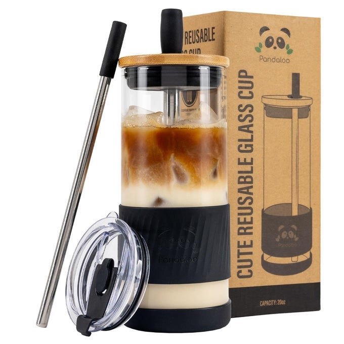 GLASS CUPS WITH LIDS AND STRAWS 20 FL OZ PERFECT SIZE ICED COFFEE CUP SMOOTHIE CUP WITH BAMBOO LID AND ON THE GO LID GLASS TUMBLER WITH STRAW 1 COUNT PACK OF 1 BLACK SAPHIR