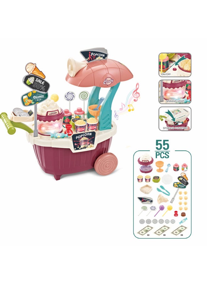 Children's Miniature Simulated Candy Car Ice Cream Truck Light Music Dinnerware Push Cart Set Role Play Toys-Color:66897/55PCs Popcorn Car 0.8kg - Image 1