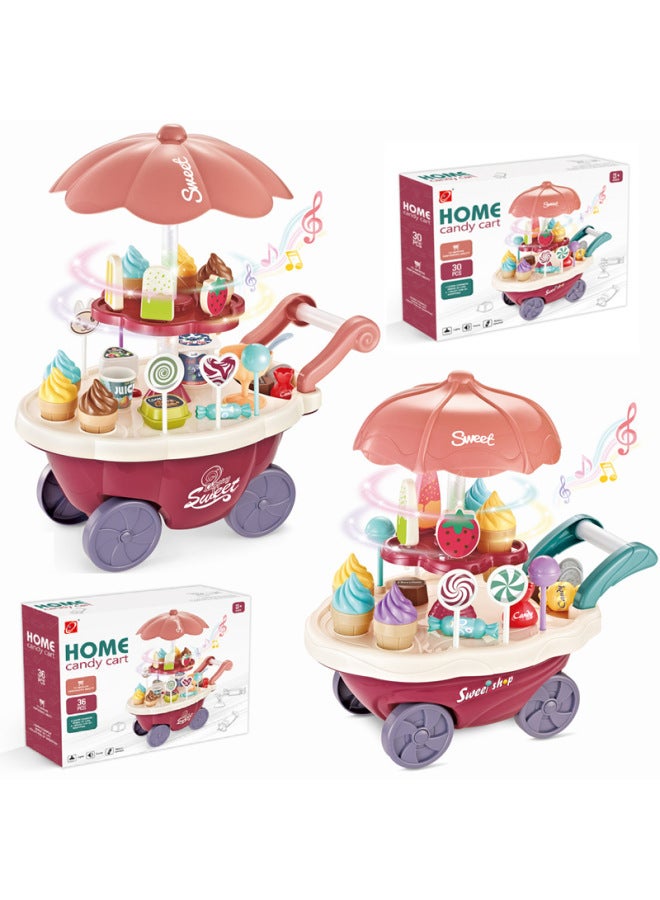 Children's Miniature Simulated Candy Car Ice Cream Truck Light Music Dinnerware Push Cart Set Role Play Toys-Color:66897/55PCs Popcorn Car 0.8kg - Image 2