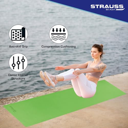 STRAUSS EVA Yoga Mat with Carry Strap | Non-Slip Exercise Mat for Home | Eco-Friendly, Lightweight & Durable Workout Mat | Ideal for Yoga, Pilates, Fitness | Suitable for Men & Women, 6mm (Green) - Image 2