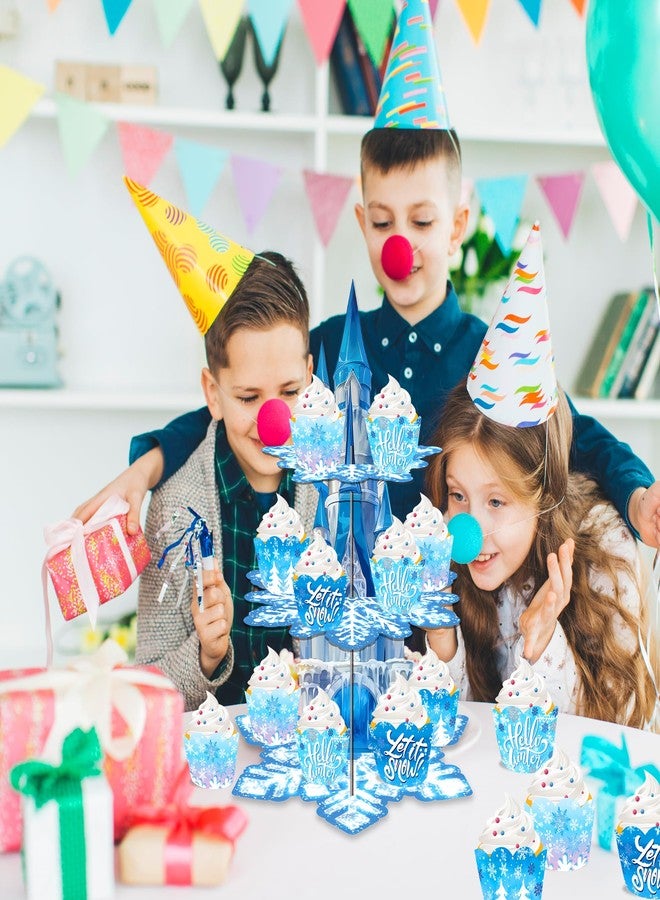 PHOGARY 3 Tier Cupcake Stand for Ice Birthday Party Decorations, Ice Palace Cupcake Tower Stand Winter Snow Party Decor, Snowflake Cupcake Holder Stand Winter Wonderland Baby Shower Supplies - Image 4