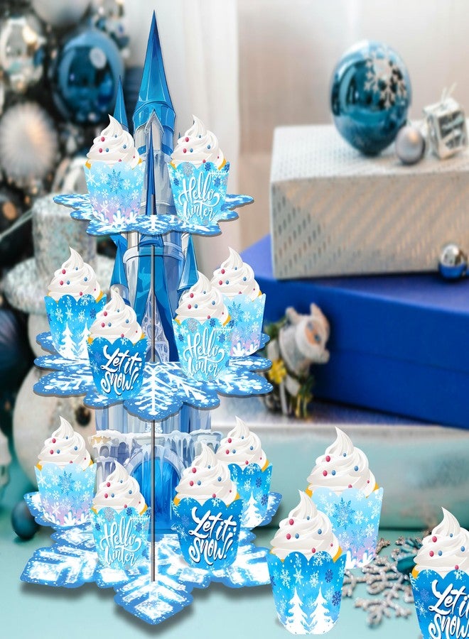 PHOGARY 3 Tier Cupcake Stand for Ice Birthday Party Decorations, Ice Palace Cupcake Tower Stand Winter Snow Party Decor, Snowflake Cupcake Holder Stand Winter Wonderland Baby Shower Supplies - Image 5