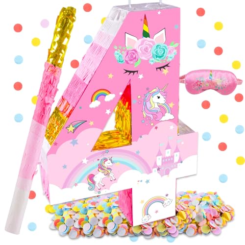 Lcoor Unicorn Birthday Decorations1575inch Unicorn Number 4 Pinata Pink Gold Foil Piata with Blindfold Stick Confetti - Image 5