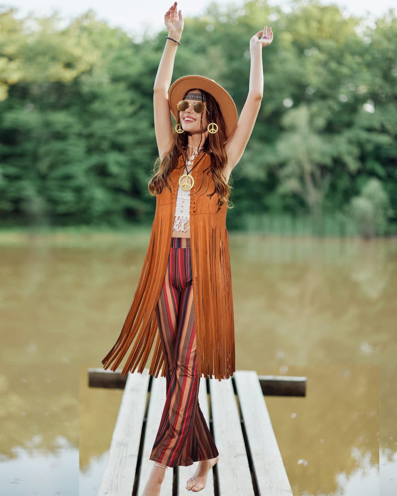 Haysandy 7 Pcs 60s 70s Carnival Outfits for Women Mardi Gras Cosplay Set Disco Hippie Costume Set Fringe Vest Flared Pant(XXXL) - Image 3