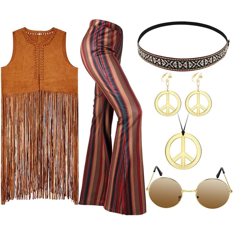 Haysandy 7 Pcs 60s 70s Carnival Outfits for Women Mardi Gras Cosplay Set Disco Hippie Costume Set Fringe Vest Flared Pant(XXXL) - Image 1