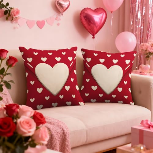 Smozenith Red Valentines Pillow Covers 18X18 Set of 2, Cream Heart Print Valentine's Day Themed Love Holiday Throw Pillowcases Anniversary Decorative Outdoor Farmhouse Cushion Cases Couch Sofa Bed Decor - Image 2