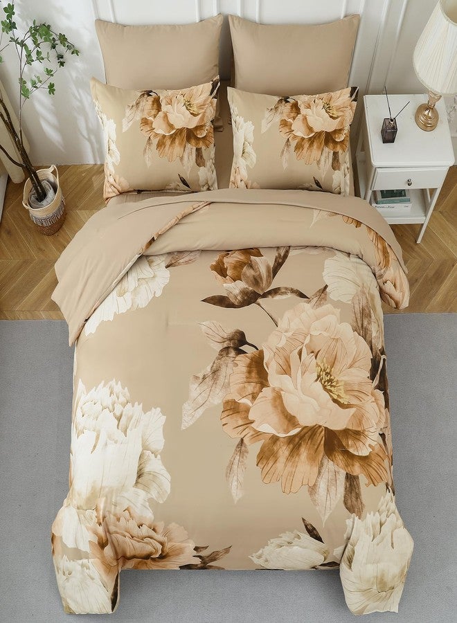 Dobuyly California King Comforter Set 7 Piece Bed in a Bag, Taupe Floral Printed on Khaki Fall Comforter Set with Sheets, Soft Microfiber Farmhouse Complete Bedding Set for All Season - Image 3