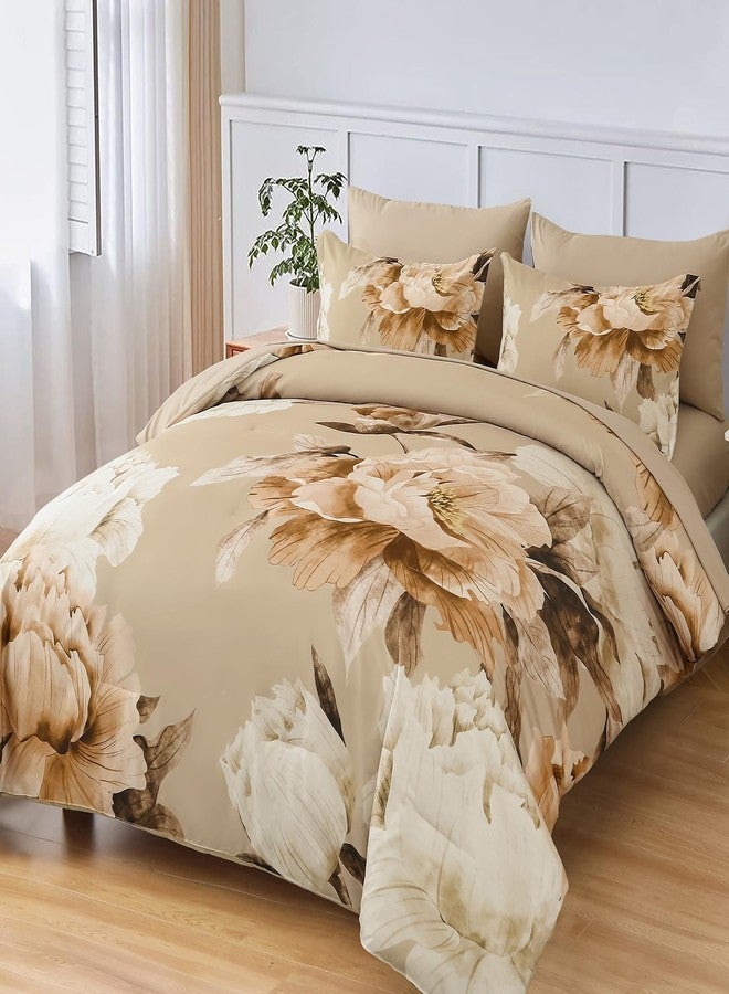 Dobuyly California King Comforter Set 7 Piece Bed in a Bag, Taupe Floral Printed on Khaki Fall Comforter Set with Sheets, Soft Microfiber Farmhouse Complete Bedding Set for All Season - Image 2