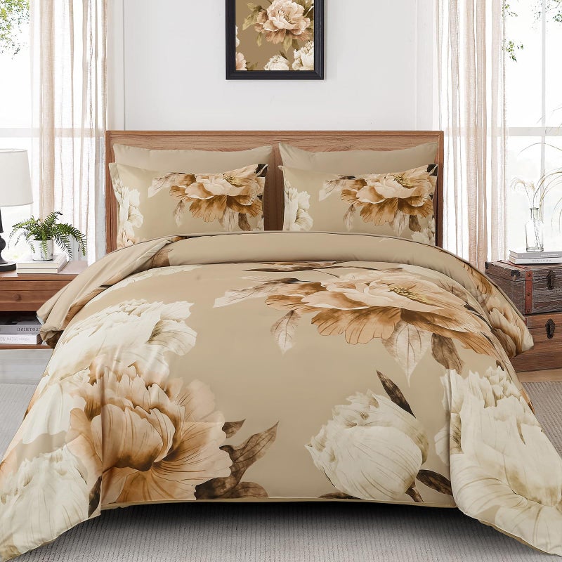 Dobuyly California King Comforter Set 7 Piece Bed in a Bag, Taupe Floral Printed on Khaki Fall Comforter Set with Sheets, Soft Microfiber Farmhouse Complete Bedding Set for All Season - Image 1