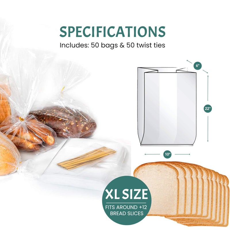 FUNSTITUTION Reusable Plastic Bread Bags for Homemade 10x22"- Clear Bag with Ties For An Airtight Moisture-free Preservation and Storage- Loaf Home Bakers Bakery Owners (50) - Image 4