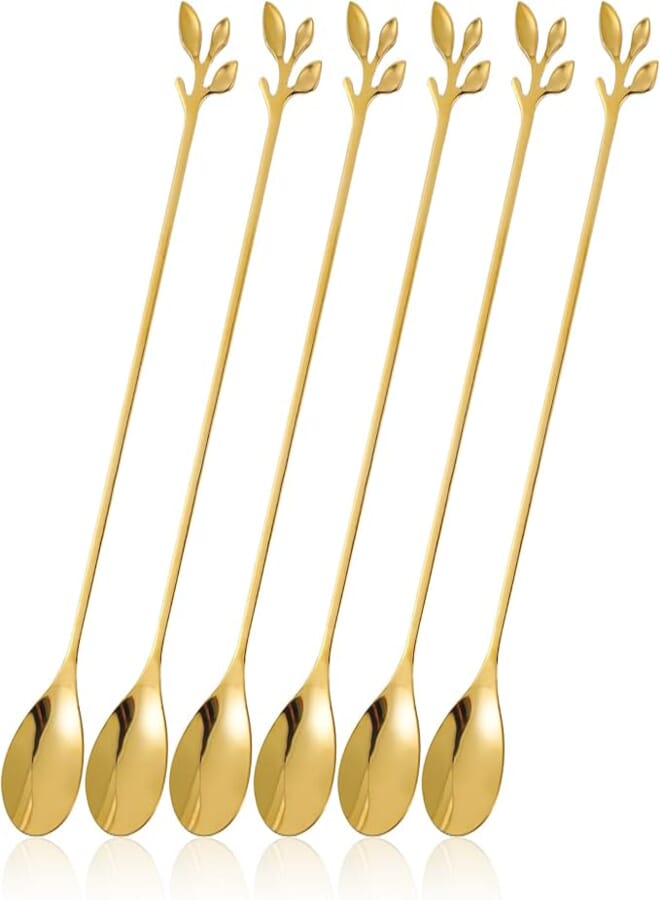 Gjinxi 6PCs Gold Leaf Coffee Spoons Metal Espresso Stirring Spoons, Long Handle Coffee Stir Spoons for Condiments Mixing Sugar Stir Ice Cream Novel Leaf Shape Decorative Teaspoon Spoon for Tea Party