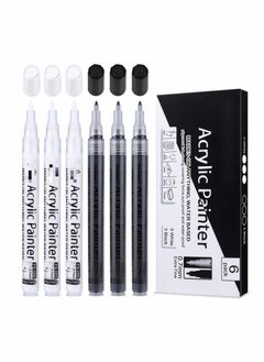 SYOSI Paint Pens White Black Marker 6 Pack, 0.7mm Acrylic White Permanent Marker, White Paint Pens for Rock Painting Stone Ceramic Glass Wood Plastic Glass Metal Canvas Water-based Extra Fine Point  - Image 1