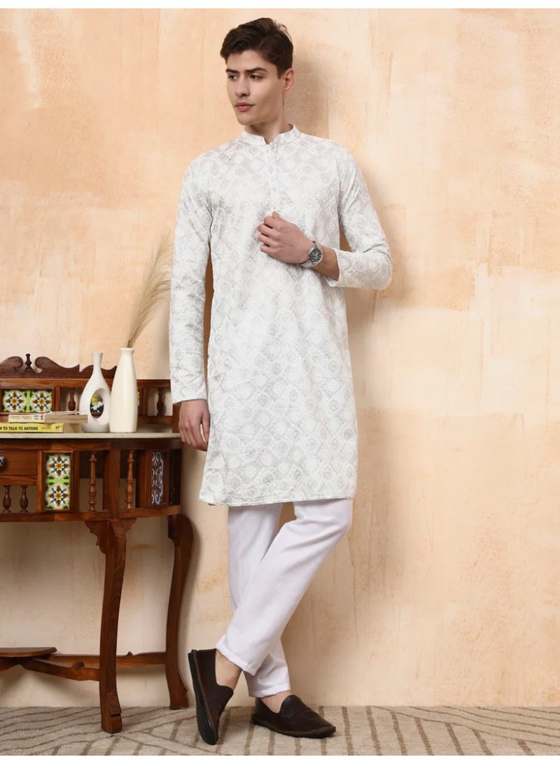 Devoiler Mens White Silver Jari Work Cotton Kurta Set - Image 4