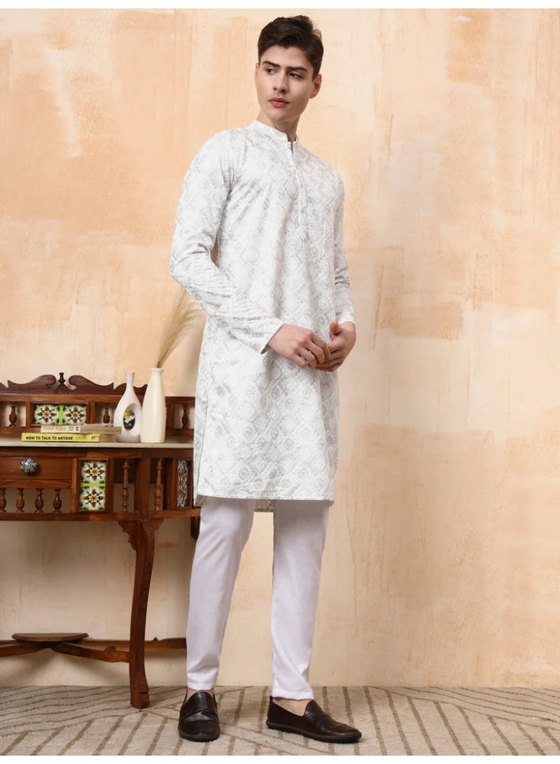 Devoiler Mens White Silver Jari Work Cotton Kurta Set - Image 5