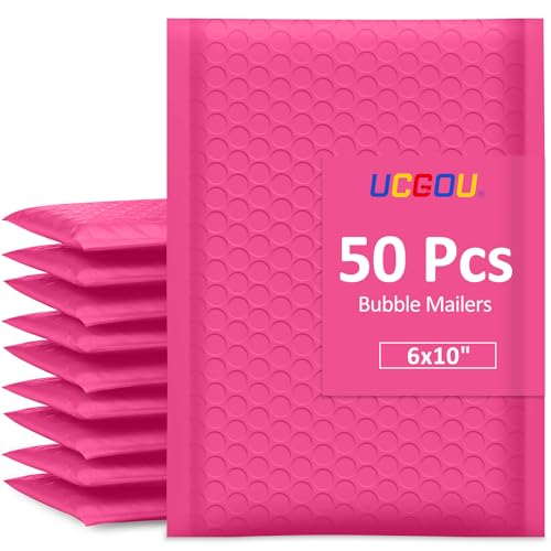 UCGOU أكياس البريد الفقاعية UCGOU 6x10 حجم قابل للاستخدام 6x9 أكياس بريد فقاعية وردية زاهية 50 عبوة أظرف مبطنة بولي صغيرة للأعمال التجارية غير شفافة ذاتية الإغلاق لاصقة مقاومة للماء حقيبة شحن بوتيك للمجوهرات مستلزمات المكياج #0 - Image 1