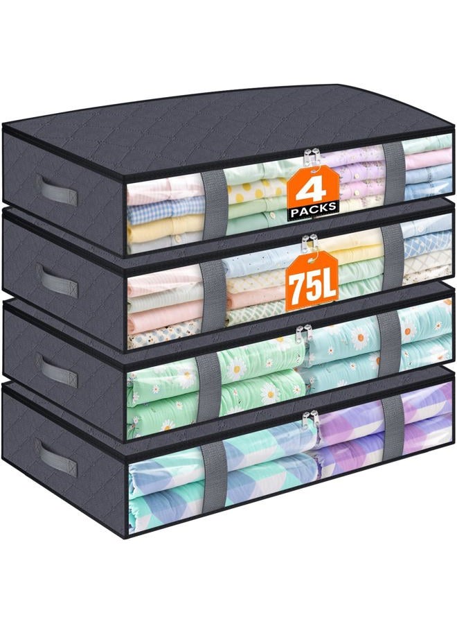 TasticTotes Under Bed Storage Containers, 4 Pack Blanket Storage Bags, Collapsible Storage Bags with Big Zippers, Clear Front, Shoe Storage and Organization for Clothes, Comforter, 75L, Grey - Image 1