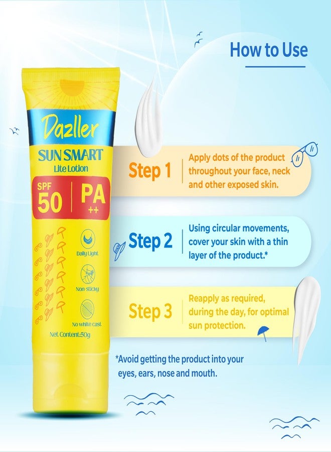 Dazller Sun Smart Lite Lotion, SPF50 PA++, velvety Lightweight, Non-Sticky, Flawless No White Cast, Sun Shield Sunscreen for Daily Use, 50g - Image 4